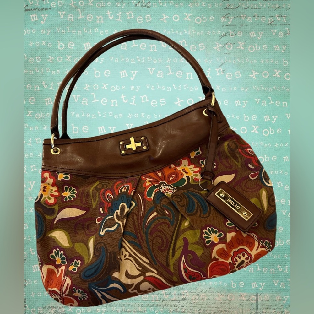 Relic Brand by FOSSIL Brown Floral Fabric Shoulder Bag with Brown Trim
